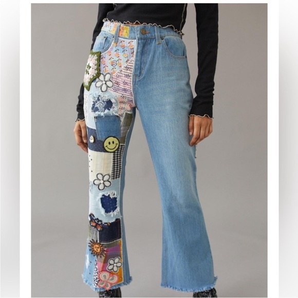 Urban Outfitters denim multi color  leg  BDG Multicolor Patchwork Flare jeans 25 - Picture 4 of 16